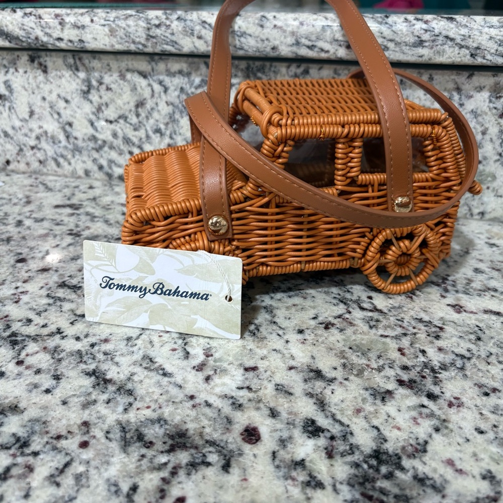 Tommy Bahama Tan Woven Rattan Mini Basket Crossbody